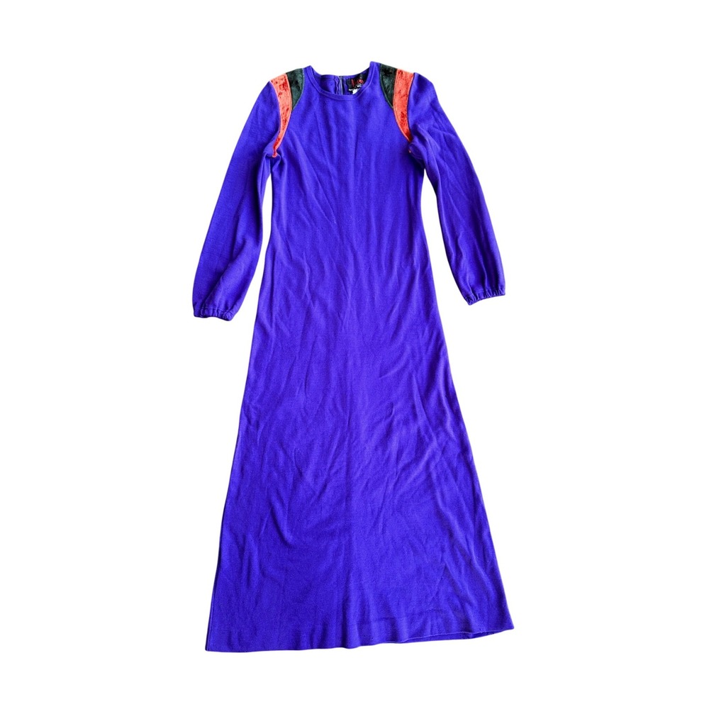 Vintage Krizia Italy Purple‎ Knit Maxi Dress Velvet Colorblock Shoulder 1842